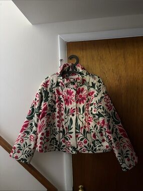 Anthropologie Cream Quilted Puffer Jacket with Pink Floral and Green Foliage